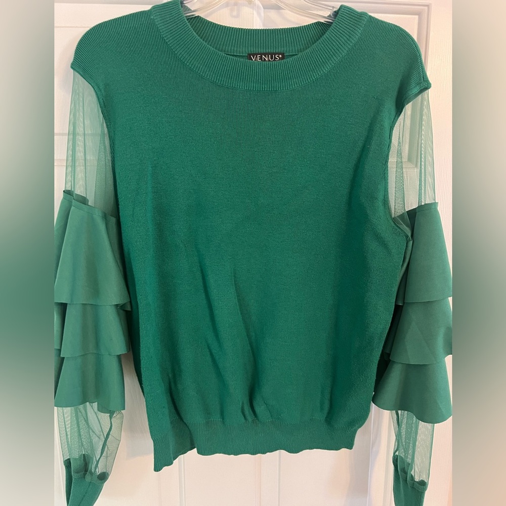 Venus sweater with sheer & layered ruffle sleeves.